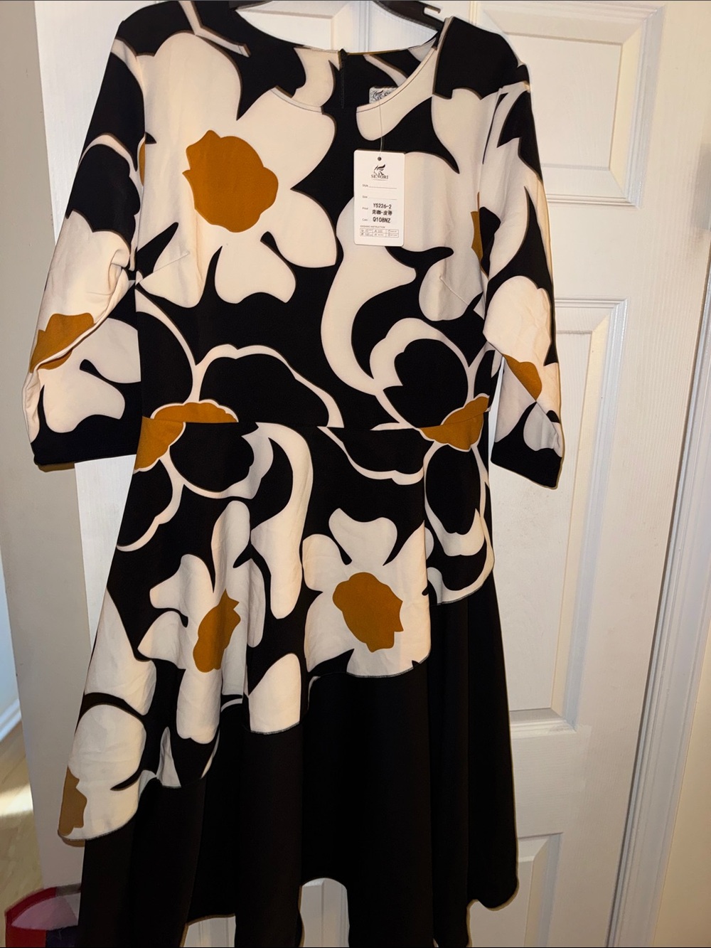 Black & White Floral Fit-and-Flare Dress with Mustard Accents